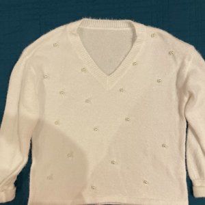 Beaded VNeck Fuzzy Sweater (M) NWOT